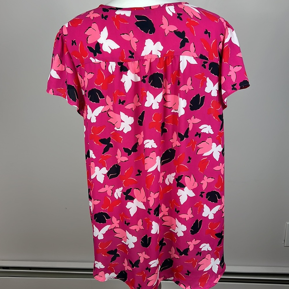 Ann Taylor Pink Butterfly Button Up Short Sleeve Top Blouse Size Large - Picture 5 of 8